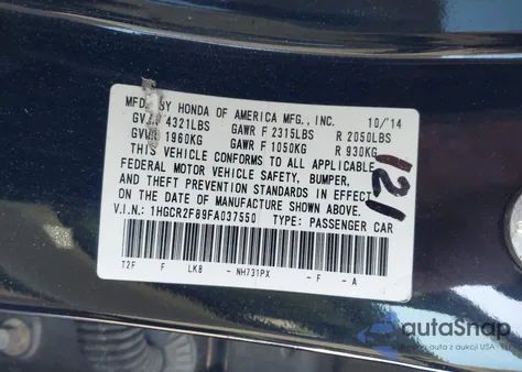 2015 Honda Accord Ex-L from USA, damaged, VIN 1HGCR2F89FA037550